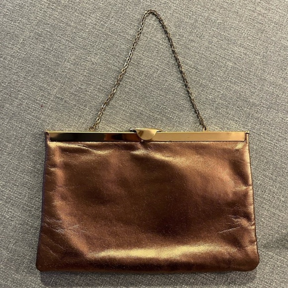 Vintage Etra Gold Genuine Leather Clutch Square Evening Purse Bag Brass Trim EUC
